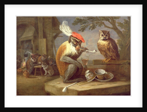A monkey smoking and drinking with an owl by Ferdinand van Kessel