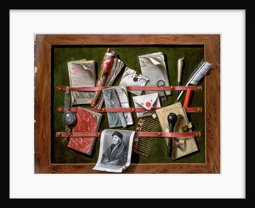 Trompe l'oeil letter rack with a print of an old man, 1703 by Edwaert Colyer