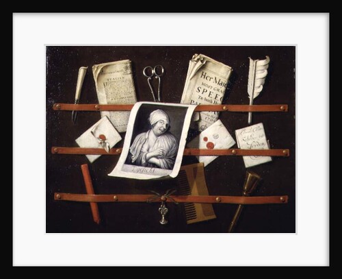 Trompe l'oeil letter rack with a print of a woman and a Parliamentary speech of 1704 by Edwaert Colyer or Collier