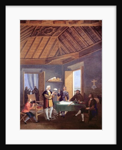 Christopher Columbus, accompanied by his son, Diego, explains his exploration plans to the prior of the Franciscan monastery of Santa Maria de la Rabida, the physician Garcia Fernandes and Alonso Pinzon by Juan Cabral Bejarano
