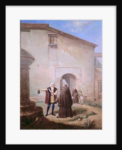 The Franciscan friars of the Convento of Santa Maria de la Rabida give bread and water to Christopher Columbus and his son Diego, 1858 by Antonio Cabral Bejarano