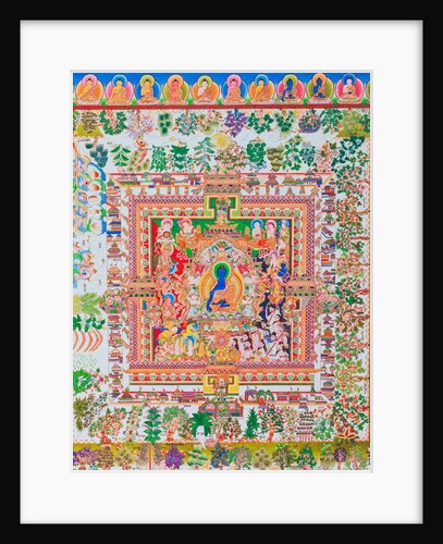 Medicine Buddha Mandala, the centre figure of Bhaisajyaguru represents the supreme healer in monastic robes with a bowl containing medicinal plants by School Nepalese