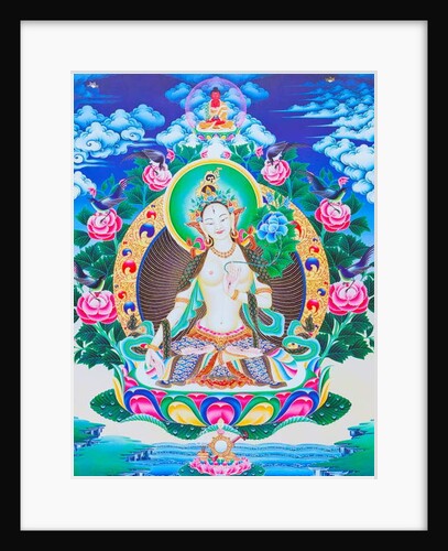 Image depicting the white Tara, the seven eyed divine mother seated on a lotus with her right hand in varada mudra position symbolising generosity by School Nepalese