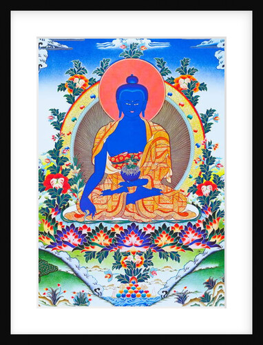 Image depicting the medicine Buddha, the supreme healer in monastic robes with a bowl containing the medicinal plant arura in the left hand by School Nepalese