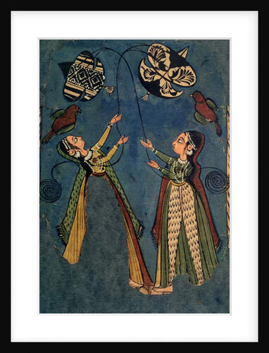 Girls flying kites, Kulu folk painting, Himachal Pradesh by Indian School
