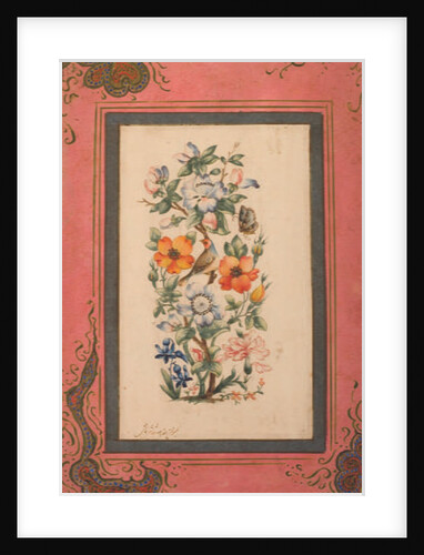 A stalk of flowers with a bird and a butterfly by Nasr-Allah al-Husayni al-Imami