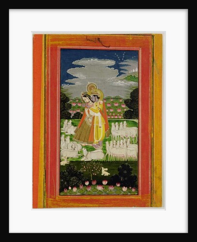 Radha and Krishna embrace in an idealised landscape with cows, c.1780 by Indian School