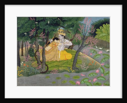 Radha and Krishna embrace in a grove of flowering trees, c.1780 by Indian School