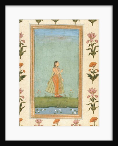 Lady holding a flower, standing by a lily pond by School Mughal