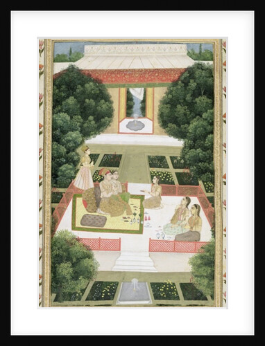 A couple in a garden listening to music with female attendants by Mughal School