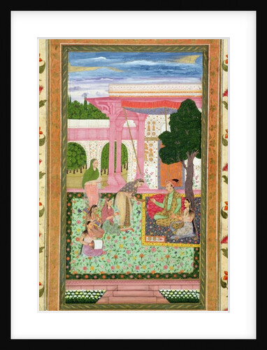 Emperor Jahangir with his consort and attendants in a garden by School Mughal