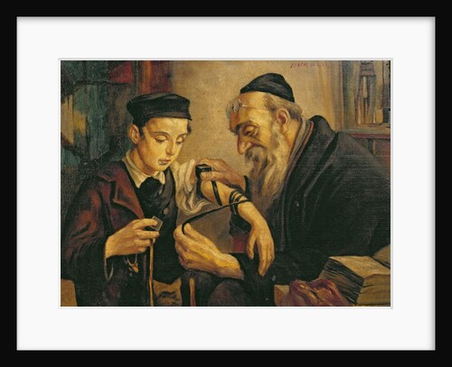A Rabbi tying the Phylacteries to the arm of a boy by Franz Obermüller