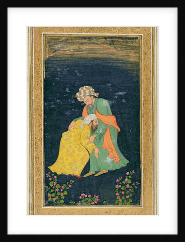 A Mullah bowing down to a man in Iranian dress who lifts him up from his supplication by School Mughal