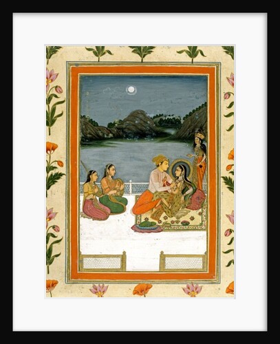 Lovers on a terrace by a moonlit lake by School Mughal