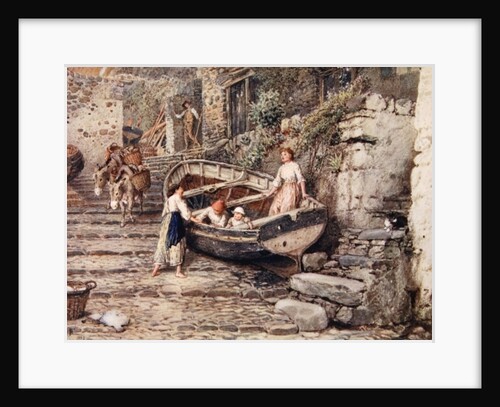 View of Clovelly, with stranded boat and figures, 1882 by Myles Birket Foster