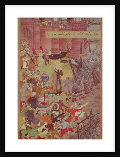 A Bridge of boats broken by Akbar on his elephant while crossing the river Jumna by Mughal School