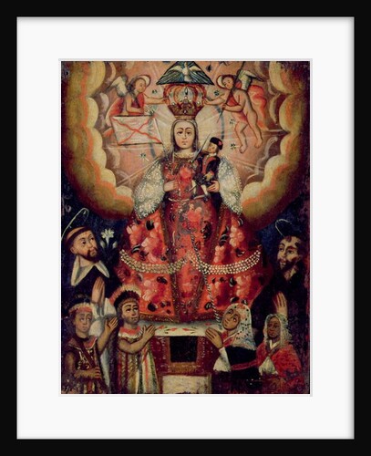 Madonna with Christ Child, St. Dominic, St. Francis and Native American Worshippers by Bolivian School