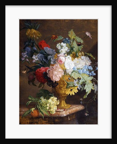 Still Life of Flowers in a Golden Vase on a Marble Ledge by Jan van Huysum