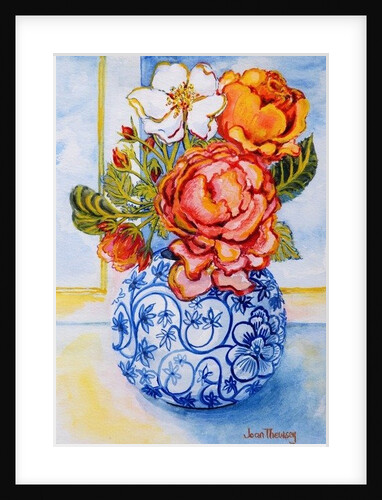 Cottage Roses, Round Blue and White Vase, 2004 by Joan Thewsey