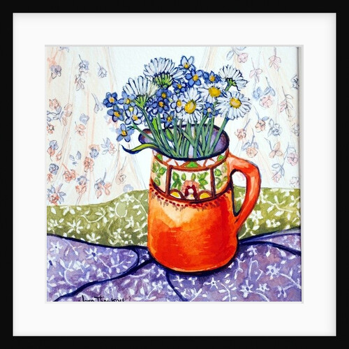 Daisies and Forget-Me-Nots Orange Jug and Patterned Fabric, 2015 by Joan Thewsey