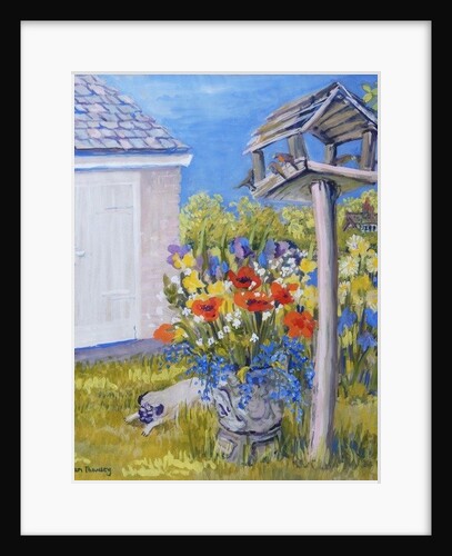 Cottage Garden with Birdhouse and Pug, 2011 by Joan Thewsey