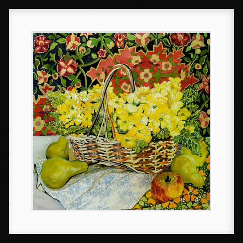 Yellow Primroses in a Basket, with Fruit and Textiles, 2010 by Joan Thewsey