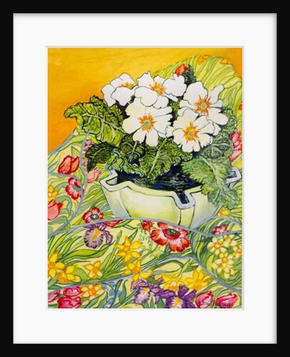 Pale Primrose in a Pot with Spring-flowered Textile, 2000 by Joan Thewsey