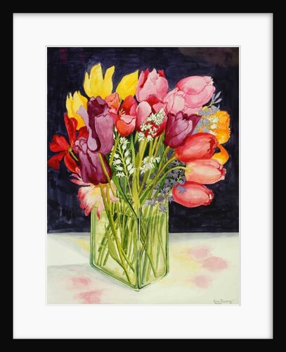Tulips and Bluebells in a Rectangular Glass Tub, 2001 by Joan Thewsey