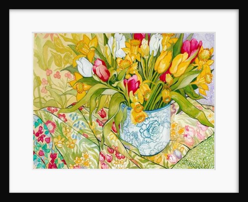Tulips and Daffodils with Patterned Textiles, 2000 by Joan Thewsey