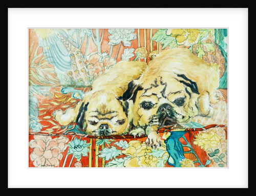 Pugs on a Chinese Print Sofa, 2000 by Joan Thewsey