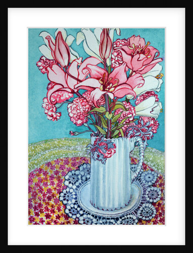 Pink Lilies in a Jug, with Lace, 2000 by Joan Thewsey