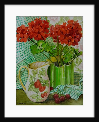 Red geranium with the strawberry jug and cherries by Joan Thewsey