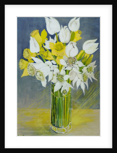Daffodils and white tulips in an octagonal glass vase by Joan Thewsey
