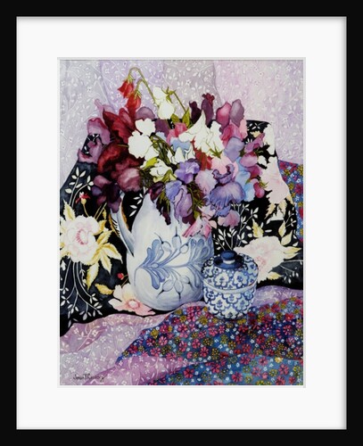 Sweet peas in a blue and white jug with blue and white pot and textiles by Joan Thewsey