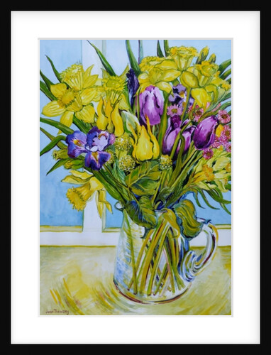 Daffodils and tulips in a glass jug by a window by Joan Thewsey