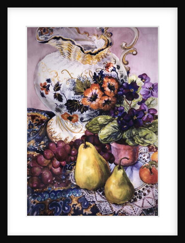 African Violets with Victorian Jug and Pears by Joan Thewsey
