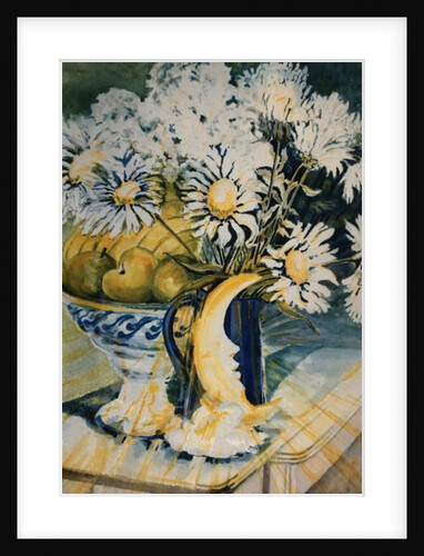 Marguerites in a Blue Jug with a Moon Lamp by Joan Thewsey