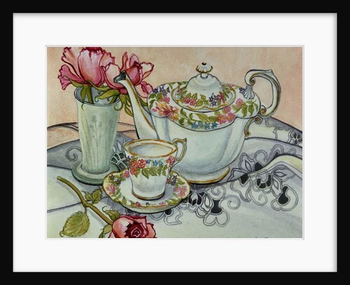 Teatime with Roses and a cutwork cloth by Joan Thewsey
