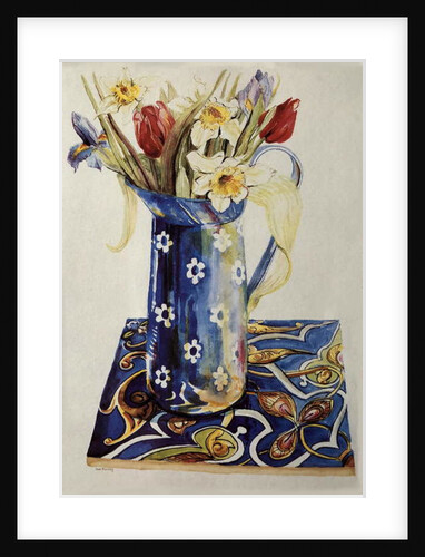 Tulips, Iris and Narcissus in a Blue Enamel Jug with an Italian Tile by Joan Thewsey