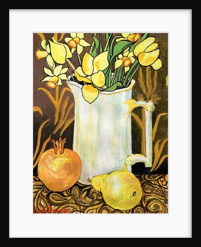 Tulips and Daffodils in a White Jug, with textiles, pomegranate and pear by Joan Thewsey