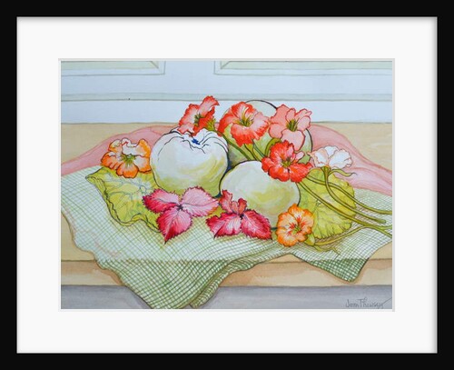 Apples and Nasturtium on a green check cloth by Joan Thewsey