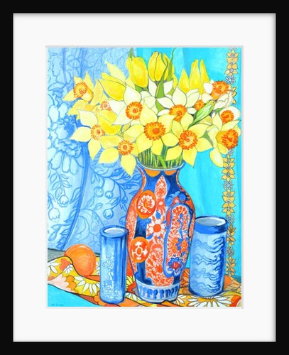 Daffodils and Tulips in an Imani Vase; oranges and textiles by Joan Thewsey