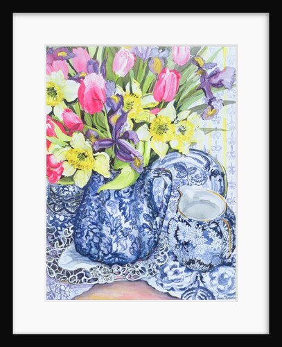 Daffodils, Tulips and Irises with Blue Antique Pots by Joan Thewsey