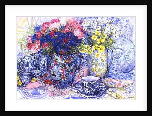 Cornflowers with Antique Jugs and Patterned Fabrics, 2012 by Joan Thewsey