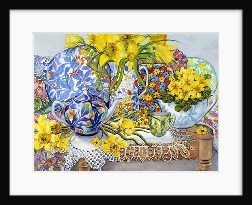 Daffodils, Antique Jugs, Plates, Textiles and Lace, 2012 by Joan Thewsey