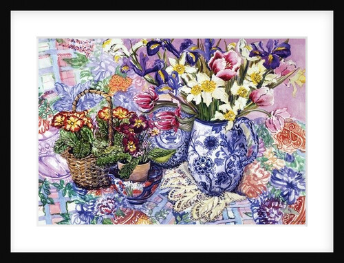Daffodils, Tulips and Iris in a Jacobean Blue and White Jug with Sanderson Fabric and Primroses, 2012 by Joan Thewsey