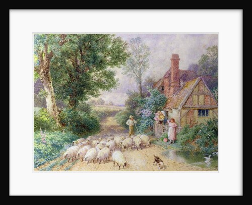 Shepherd and his flock passing a country cottage by Myles Birket Foster