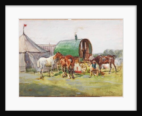 Three Horses and a Green-Roofed Caravan by John Atkinson
