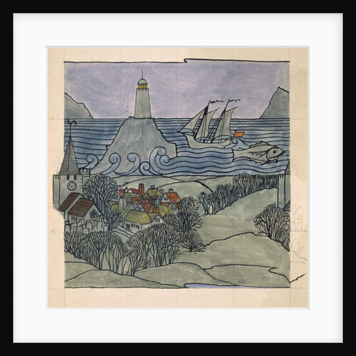 Lighthouse, ship and village by Charles Francis Annesley Voysey