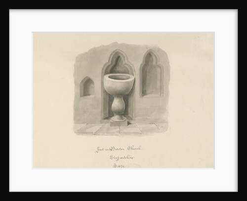 Font in Barton under Needwood Church: sepia drawing, 1839 by John Buckler